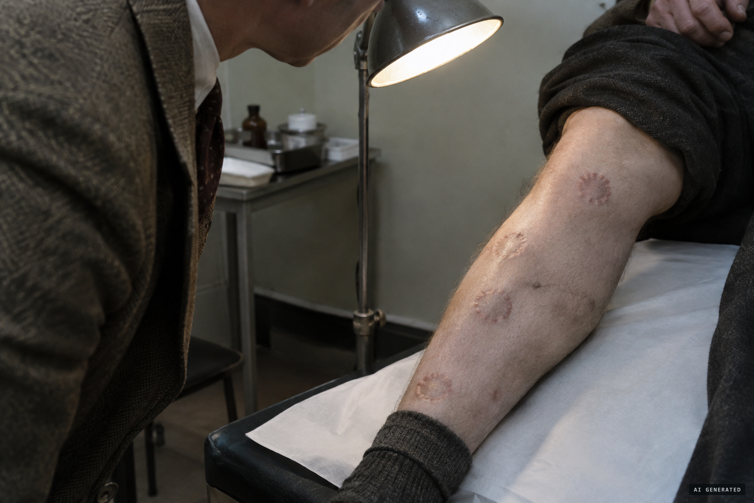 Penny-sized ring scars on Cox's leg, set about six inches apart