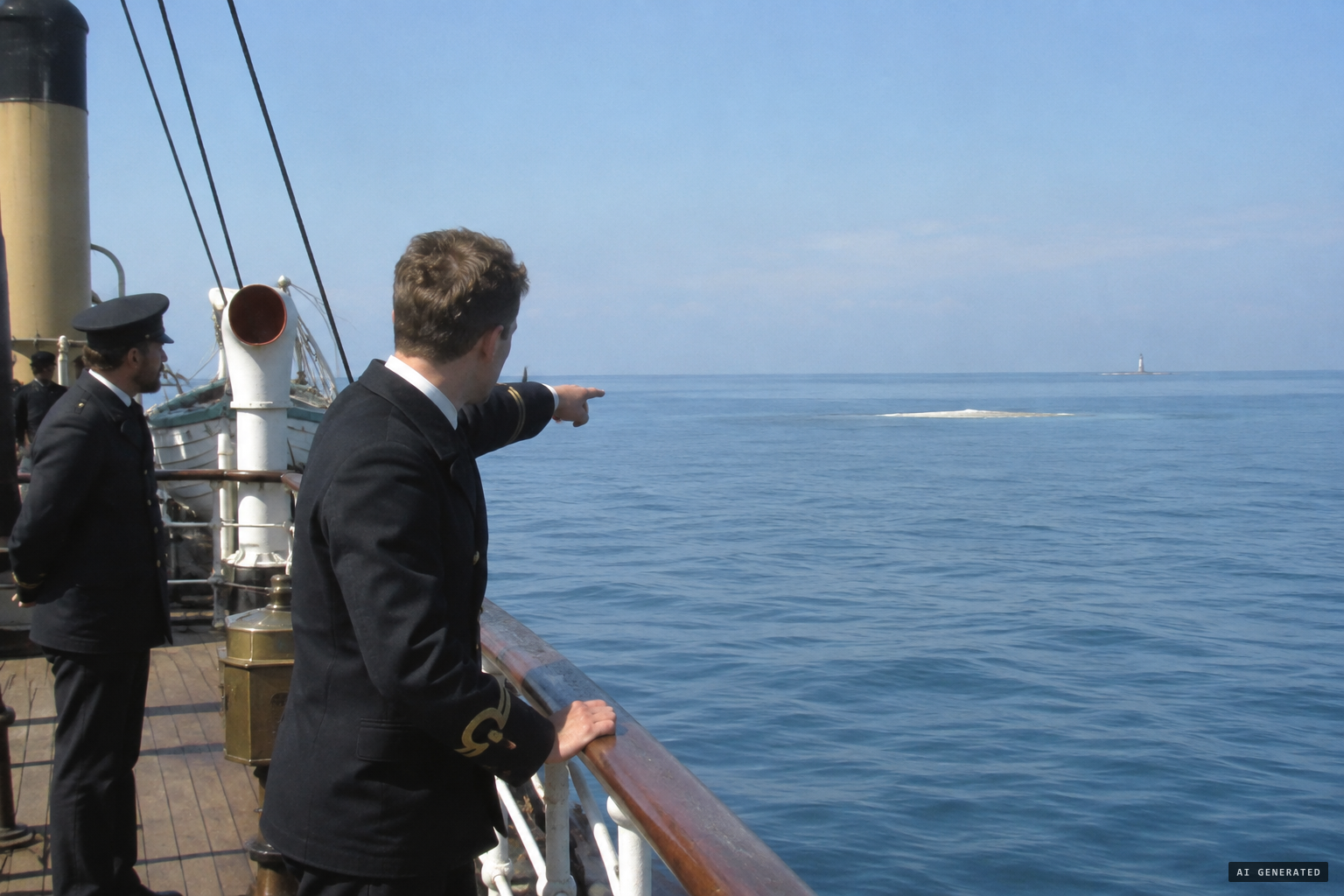The third officer sees something low and flat on the water and calls out "a shoal!"