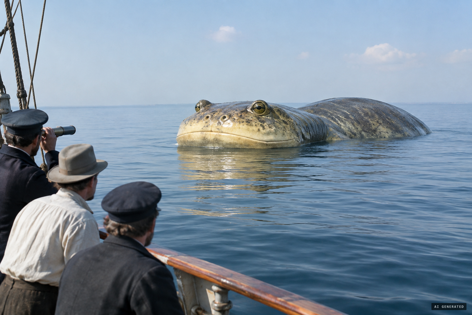 A creature shaped like a gigantic frog, with a pale yellowish head and a smooth oval body