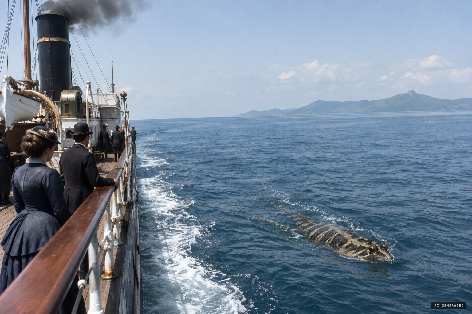 The creature keeps a parallel course, as fast as the steamer