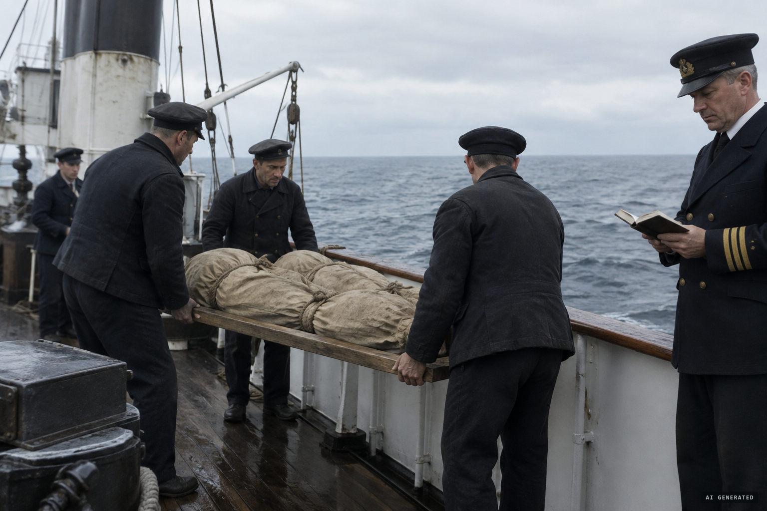Courtney and Meehan, killed by gas fumes, are buried at sea