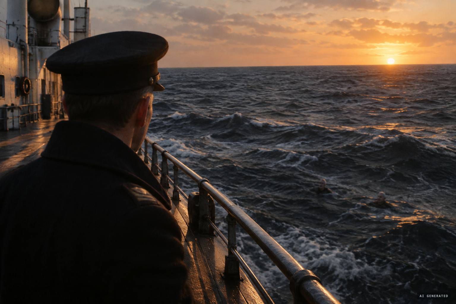 At dusk the first mate sees two faces in the waves off the port side