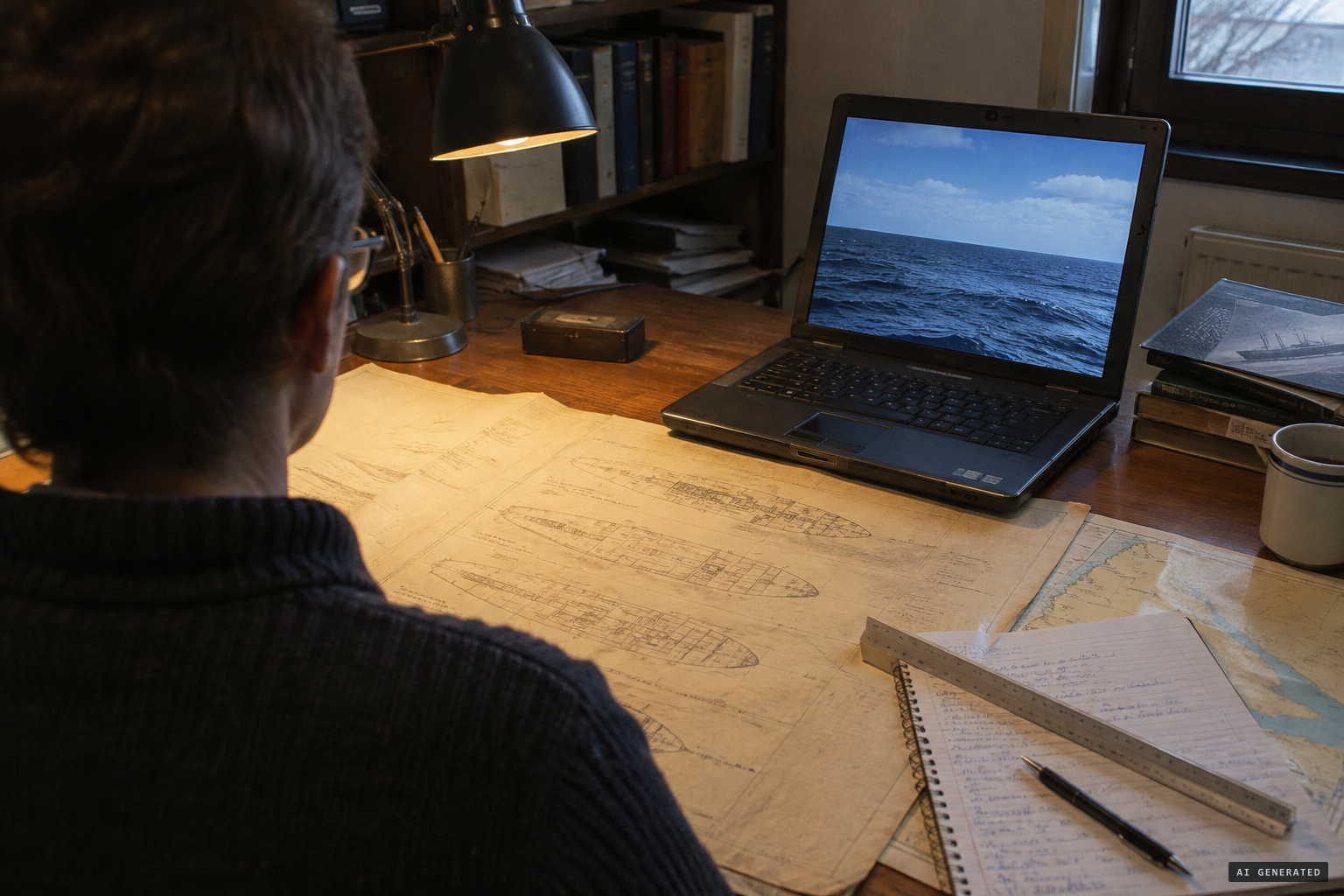 Blake Smith works from deck plans of a sister ship