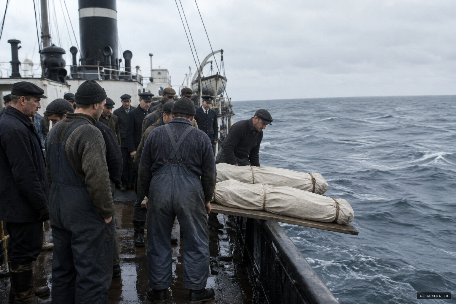 The SS Watertown's crew bury Courtney and Meehan at sea