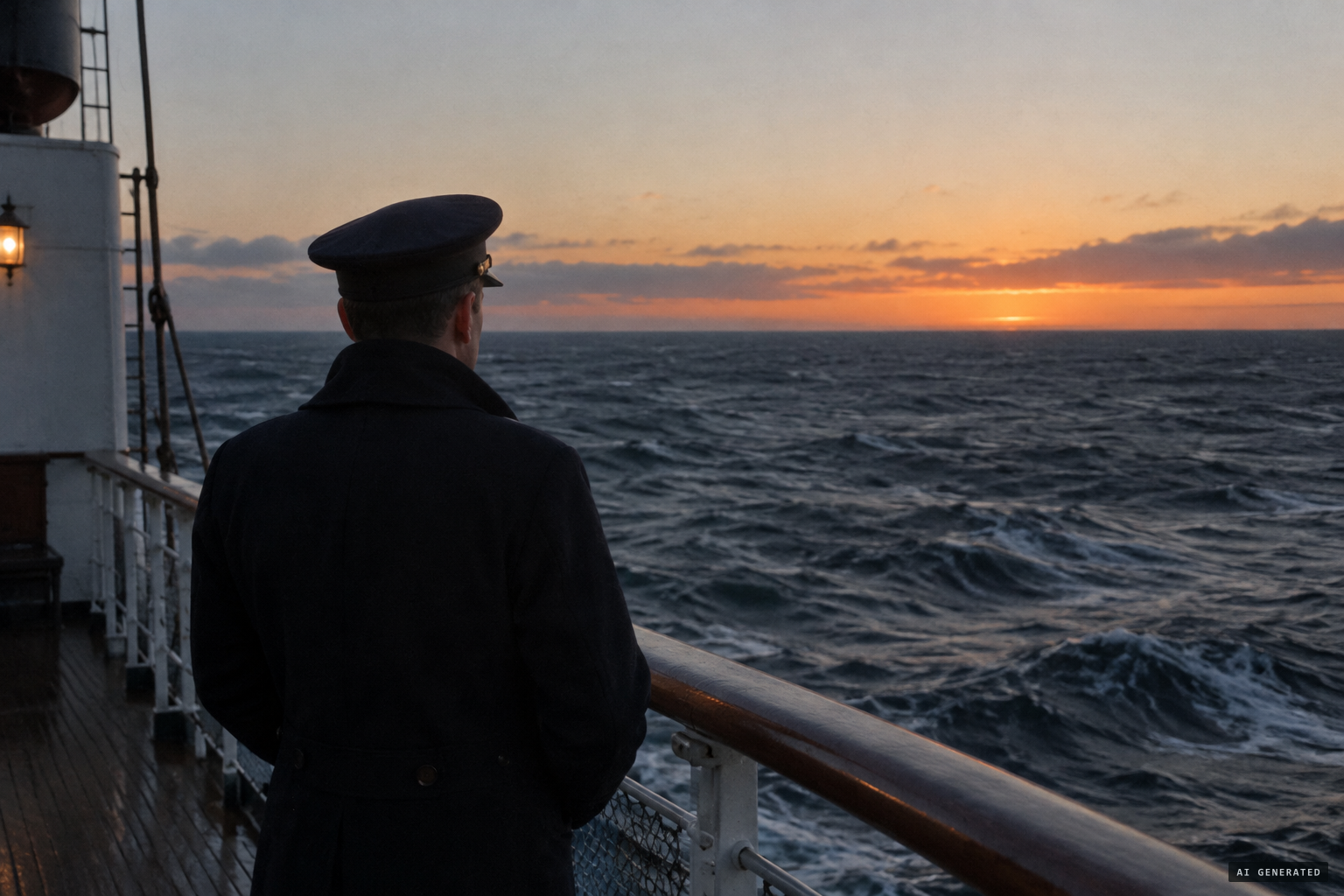 At dusk the day after the burial, the first mate looks over the port side