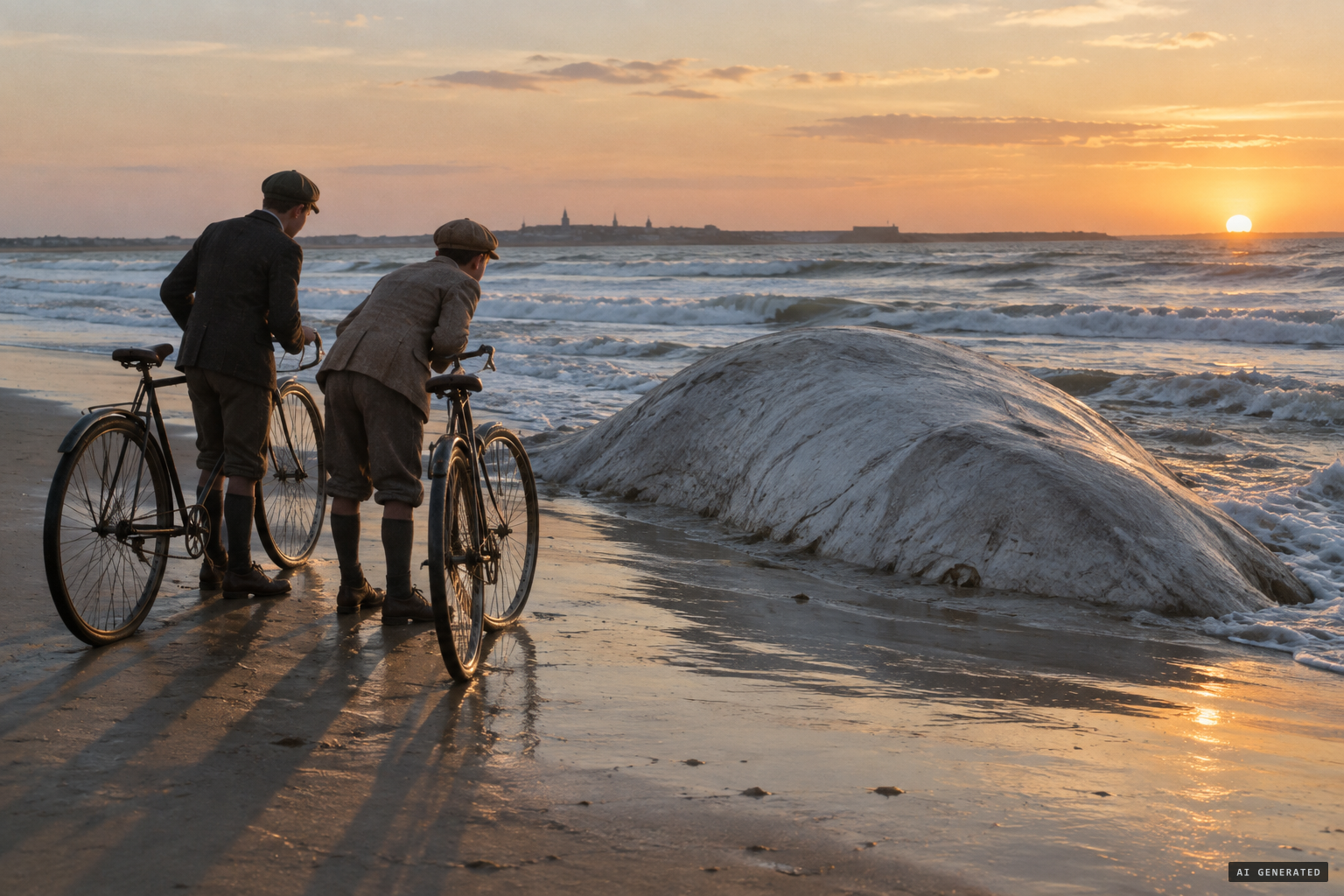 Two boys on bicycles find something huge half buried in the sand