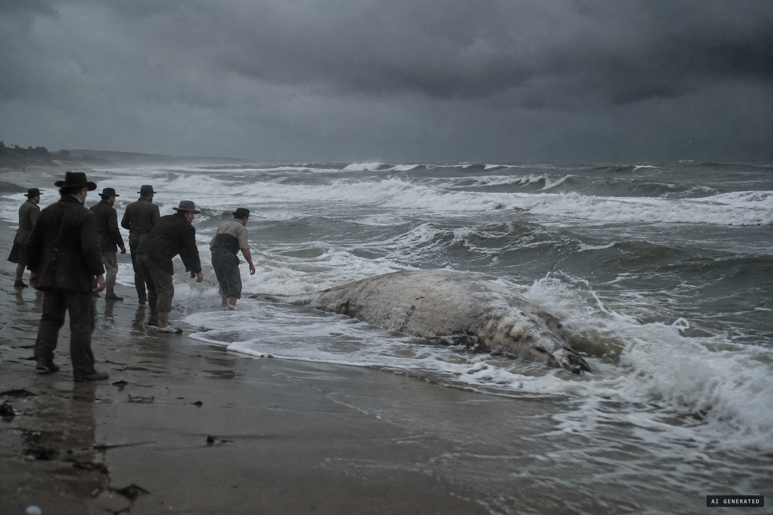 A storm tide carries the carcass away and brings it back