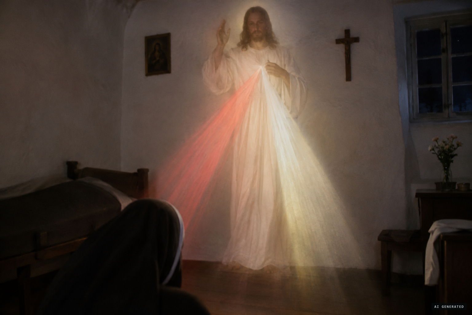 Jesus in a white garment, with two large rays, one red, one pale