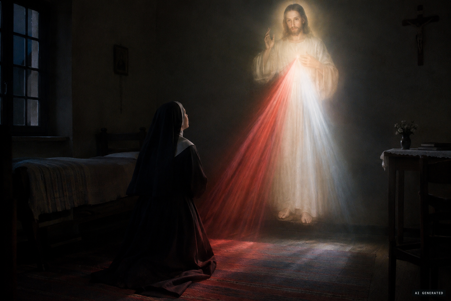 In silence, Faustina gazes at the Lord, in fear and great joy