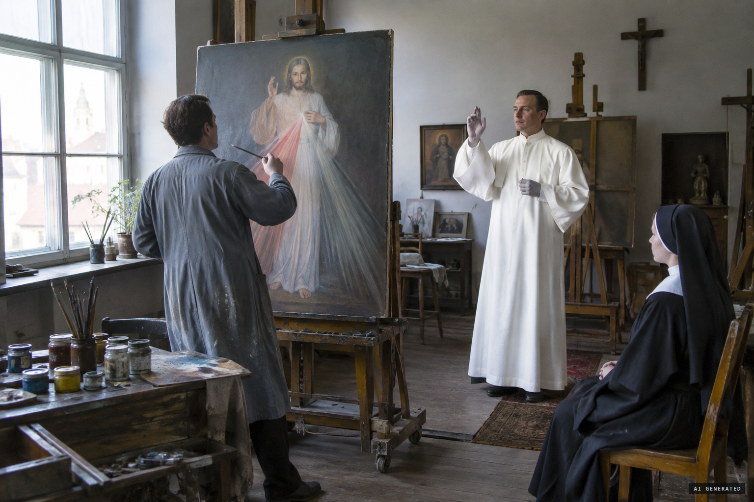Kazimirowski paints the image, with Sopoćko posing for the figure