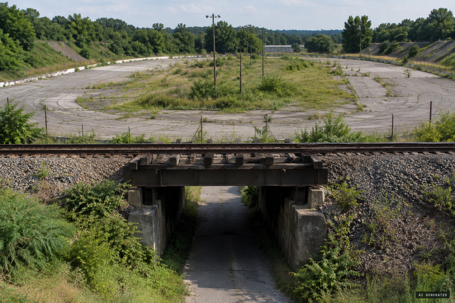 The remains of Lake Hill Speedway, reached only through a tunnel under a railroad trestle.