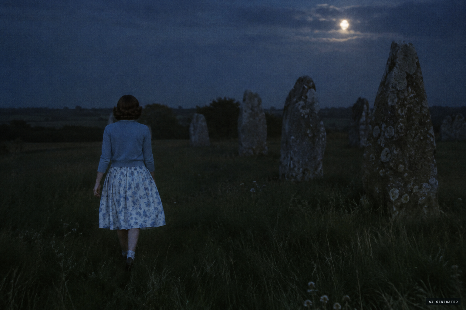 Walking home from a party, she takes a shortcut near the stone circles