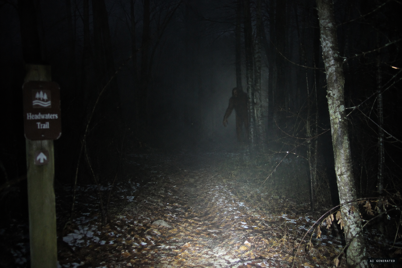 A dark brown shape with long arms emerges 40 yards from the trail
