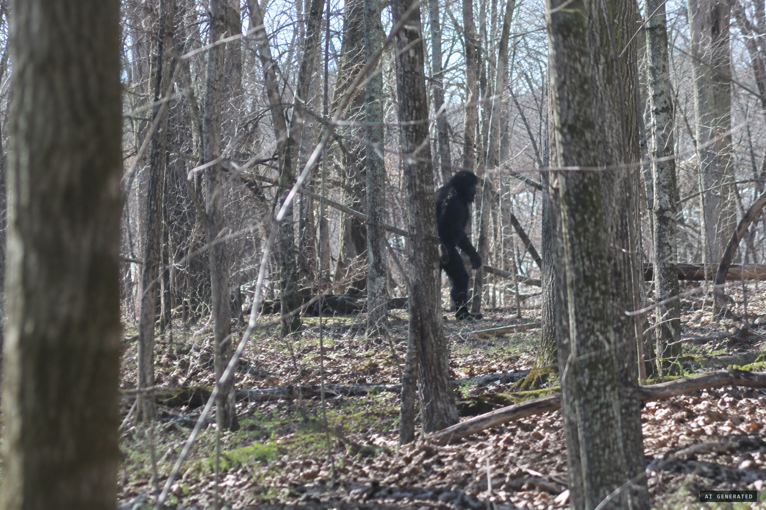 A black-furred figure moving through the woods near Garrettsville
