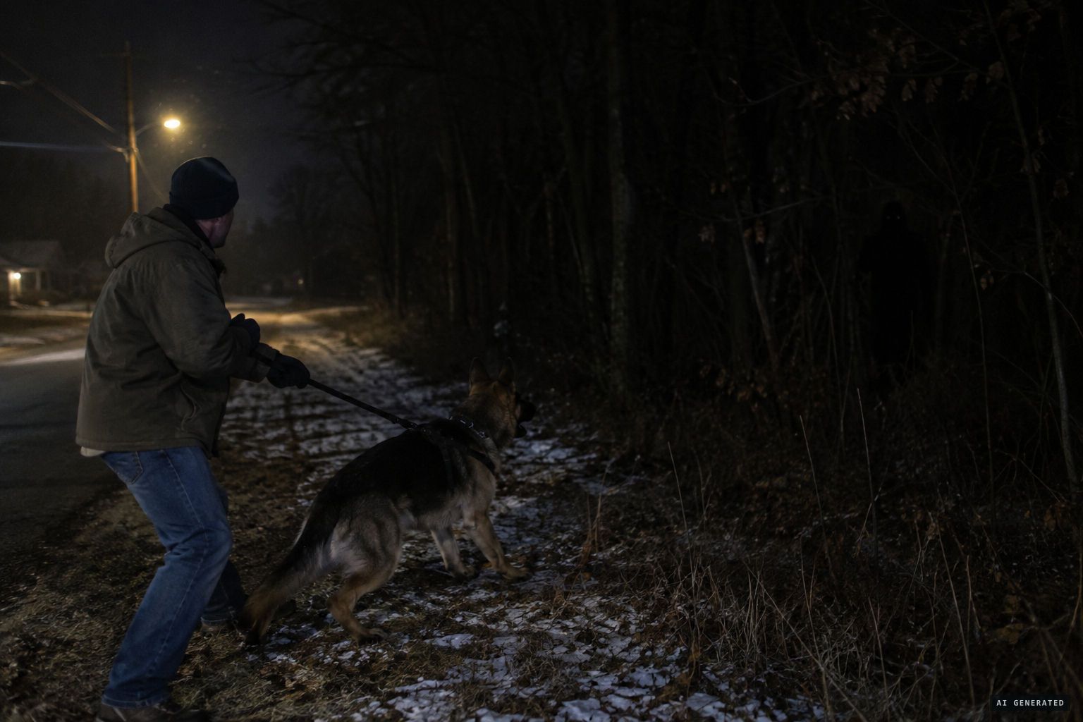 A dog walker and his German Shepherd face an 8- to 10-foot shadow