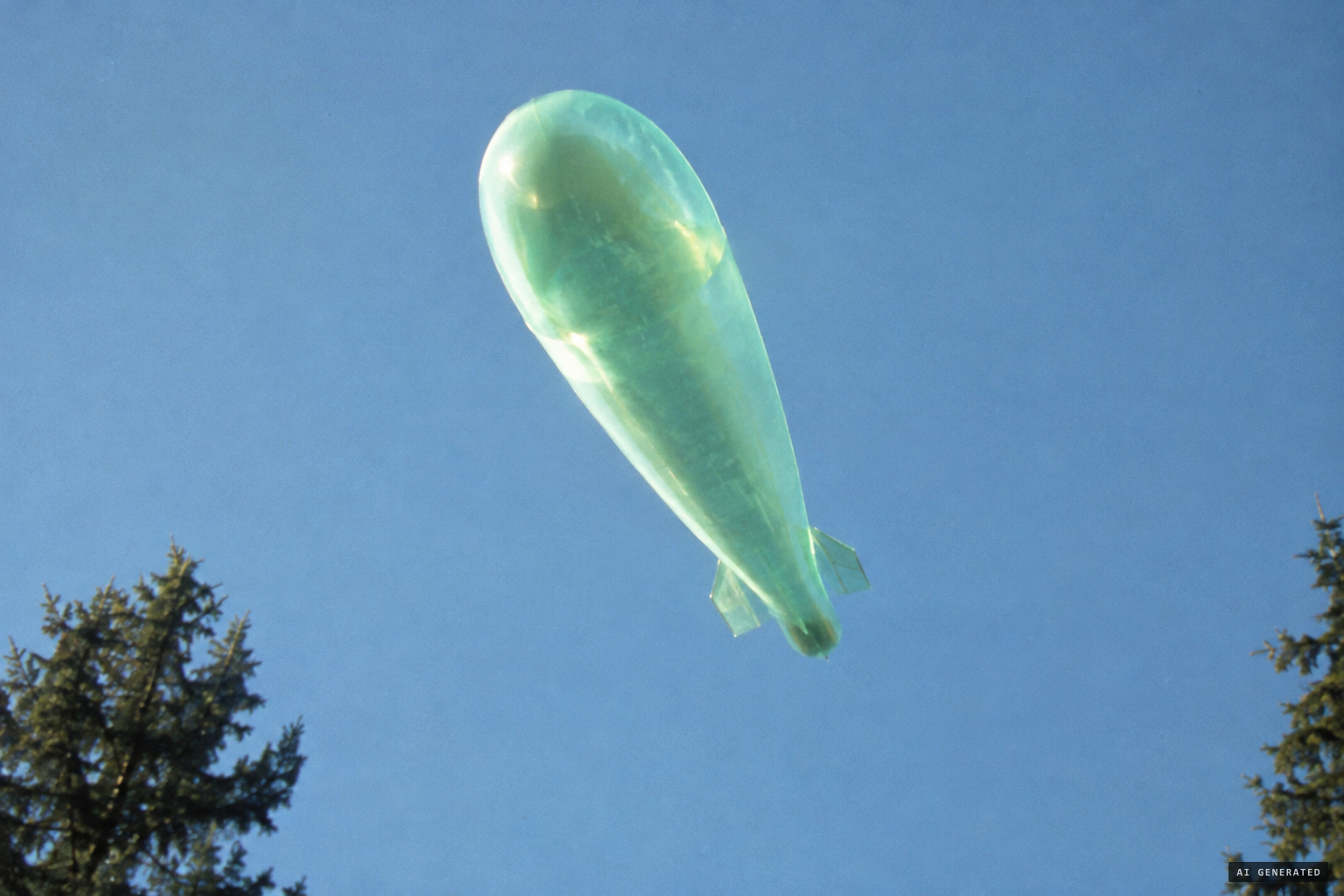 A luminous green-blue, jellylike dirigible-shaped object appears overhead