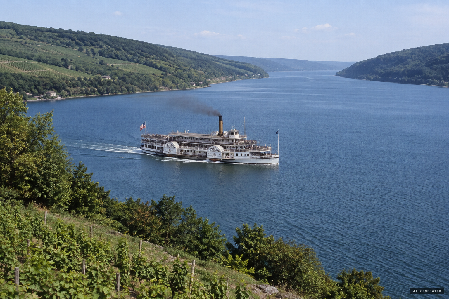 The side-wheel steamer Otetiani on long, deep Seneca Lake