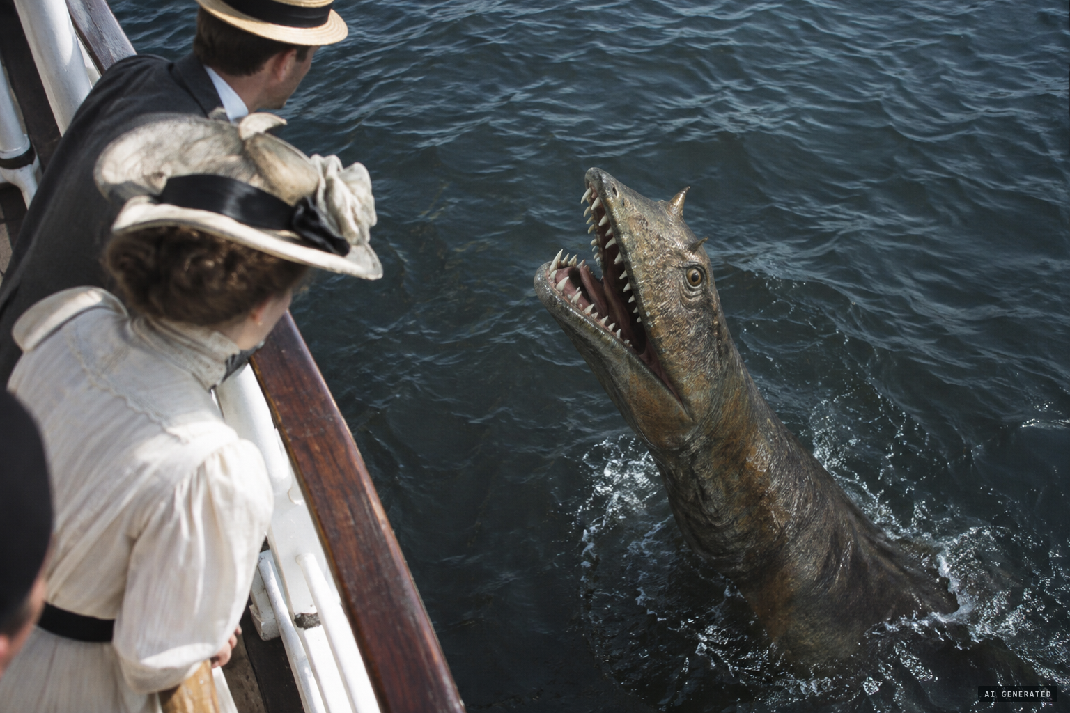 The creature raises its head and bares two rows of sharp white teeth