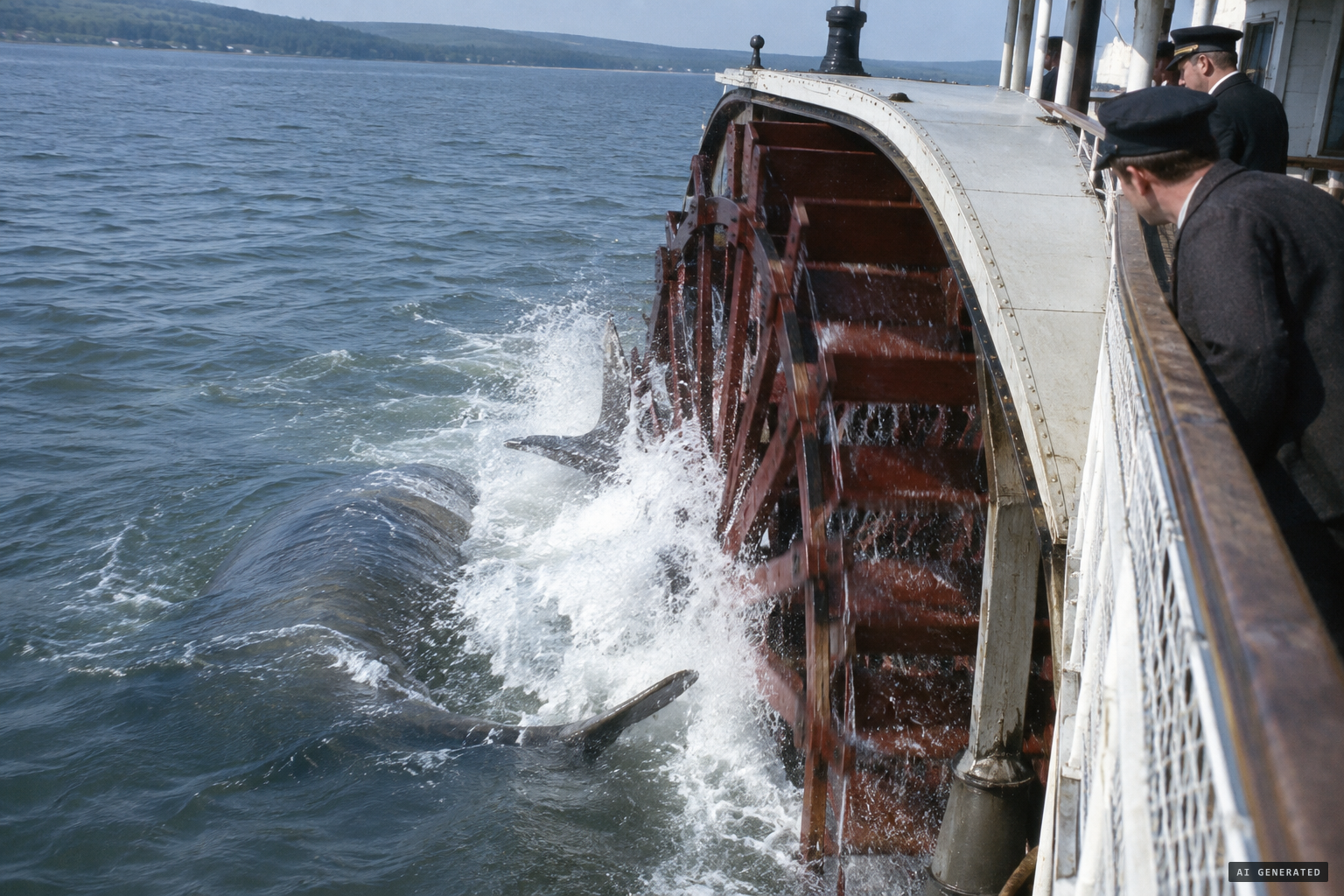 The starboard paddle wheel strikes the creature amidships