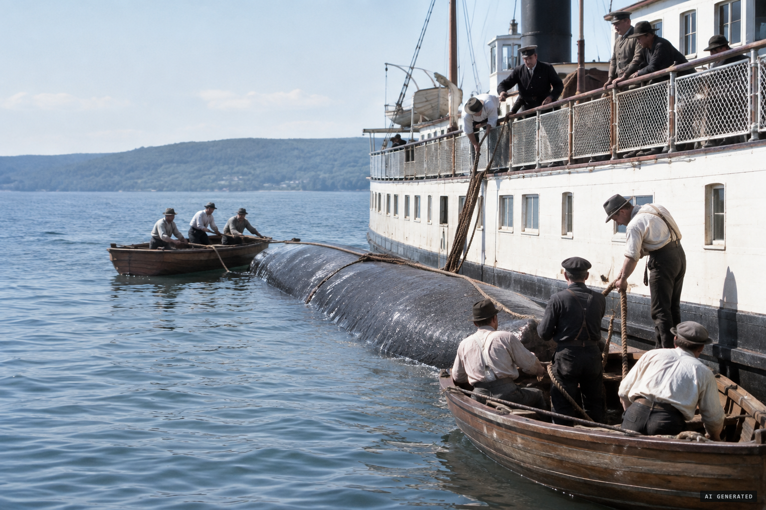 Lifeboat crews rope the carcass to tow it to Geneva