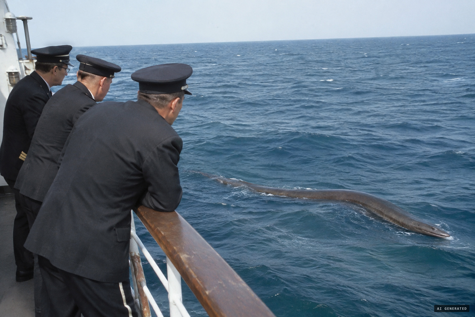 Three mates watch the dark, smooth, finless body pass abeam of the bridge