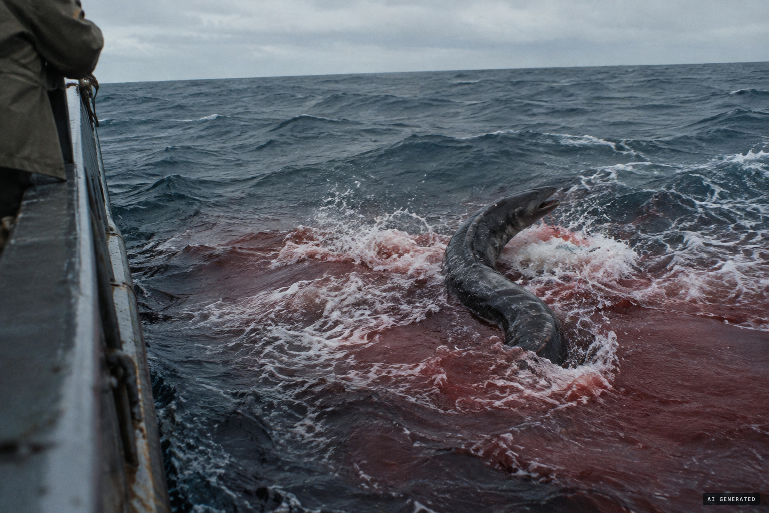 The animal thrashes as though in agony in water stained red