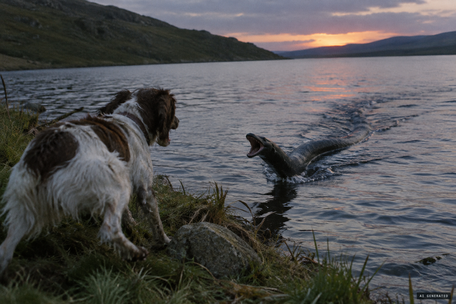 The animal swims at the dog with its mouth open