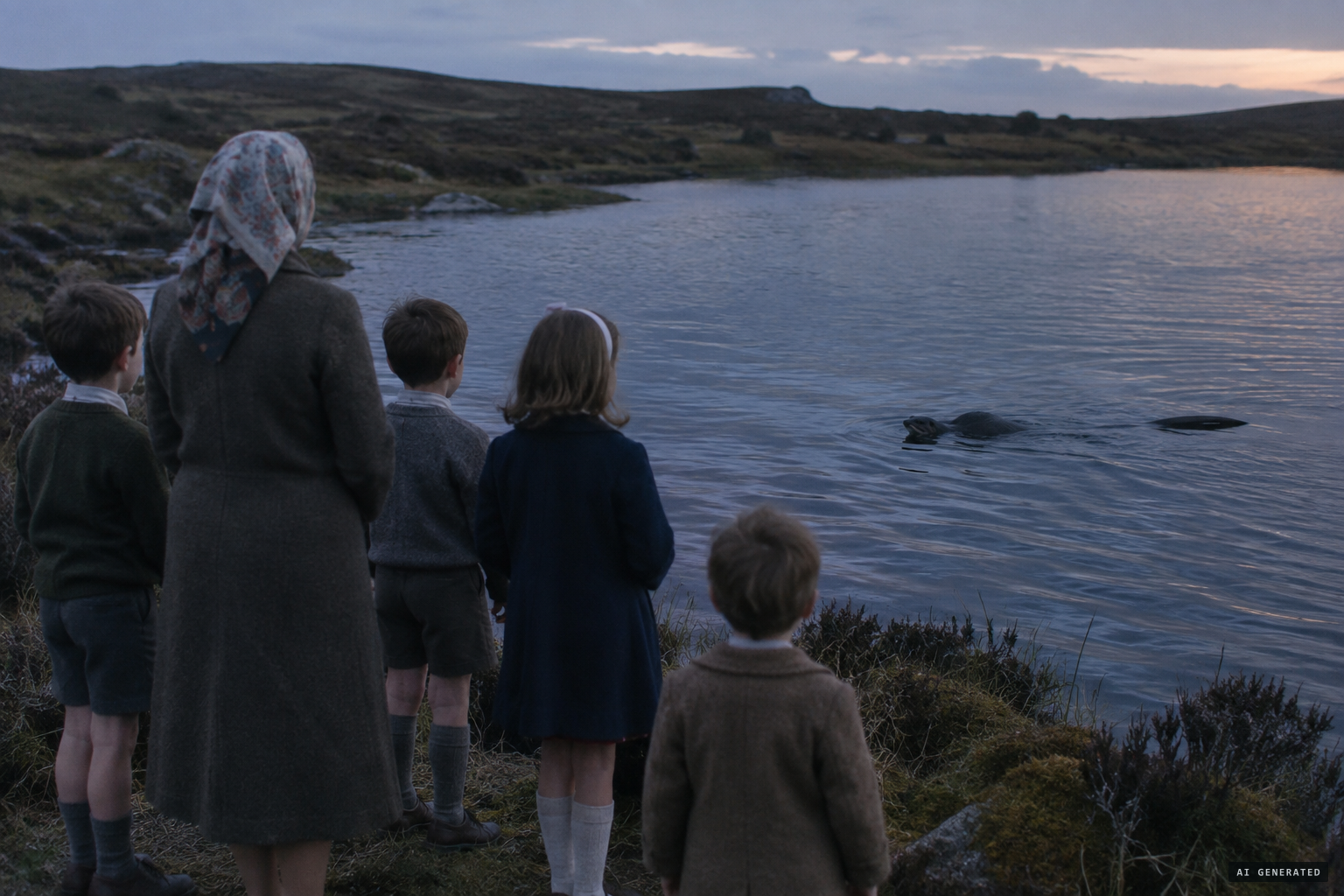 Seven members of the Coyne family watch the creature patrol the tiny lake until dusk