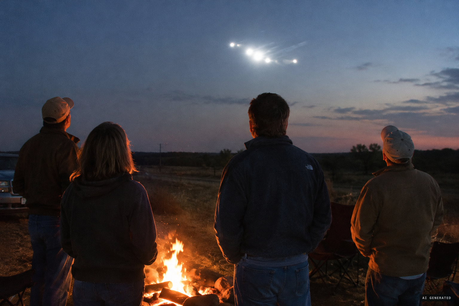 Steve Allen and friends at the campfire see brilliant flashing lights approach at high speed
