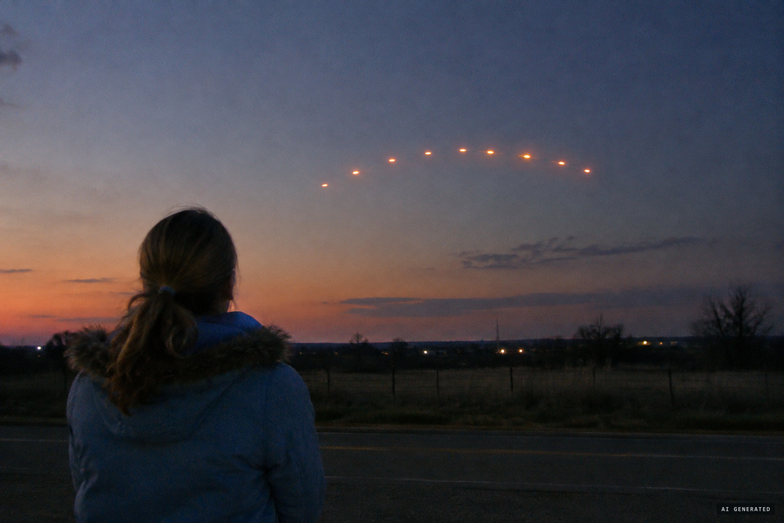Claudette Odam watches bright orange lights move together in an arch