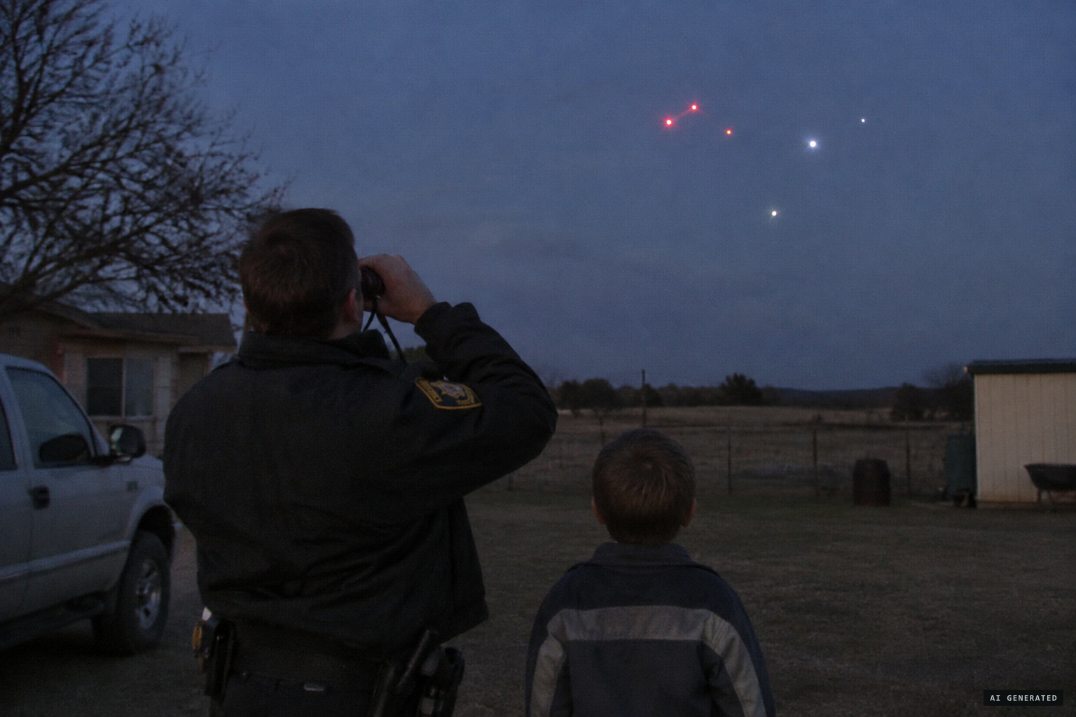 Constable Lee Roy Gaitan and his son watch red and white lights dance through binoculars