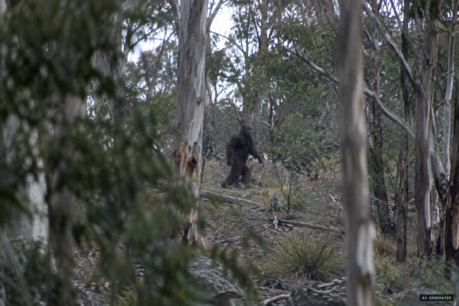 A dark bipedal figure limping through the forest