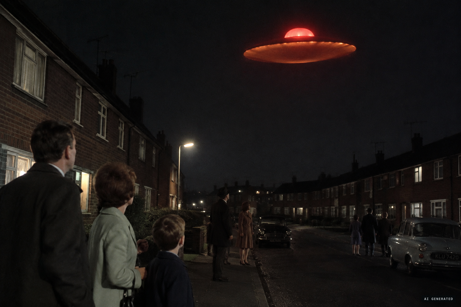 An orange disc with a red glowing dome flies low and silent overhead