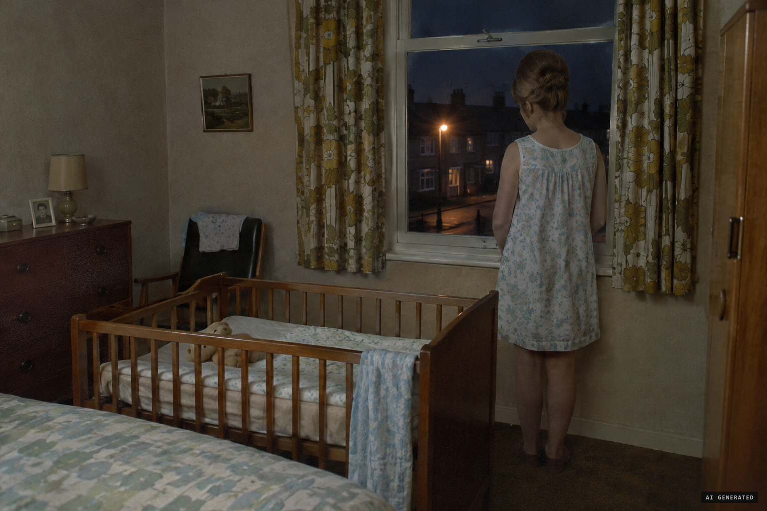 Barbara Ward, woken by her baby, looks from her window