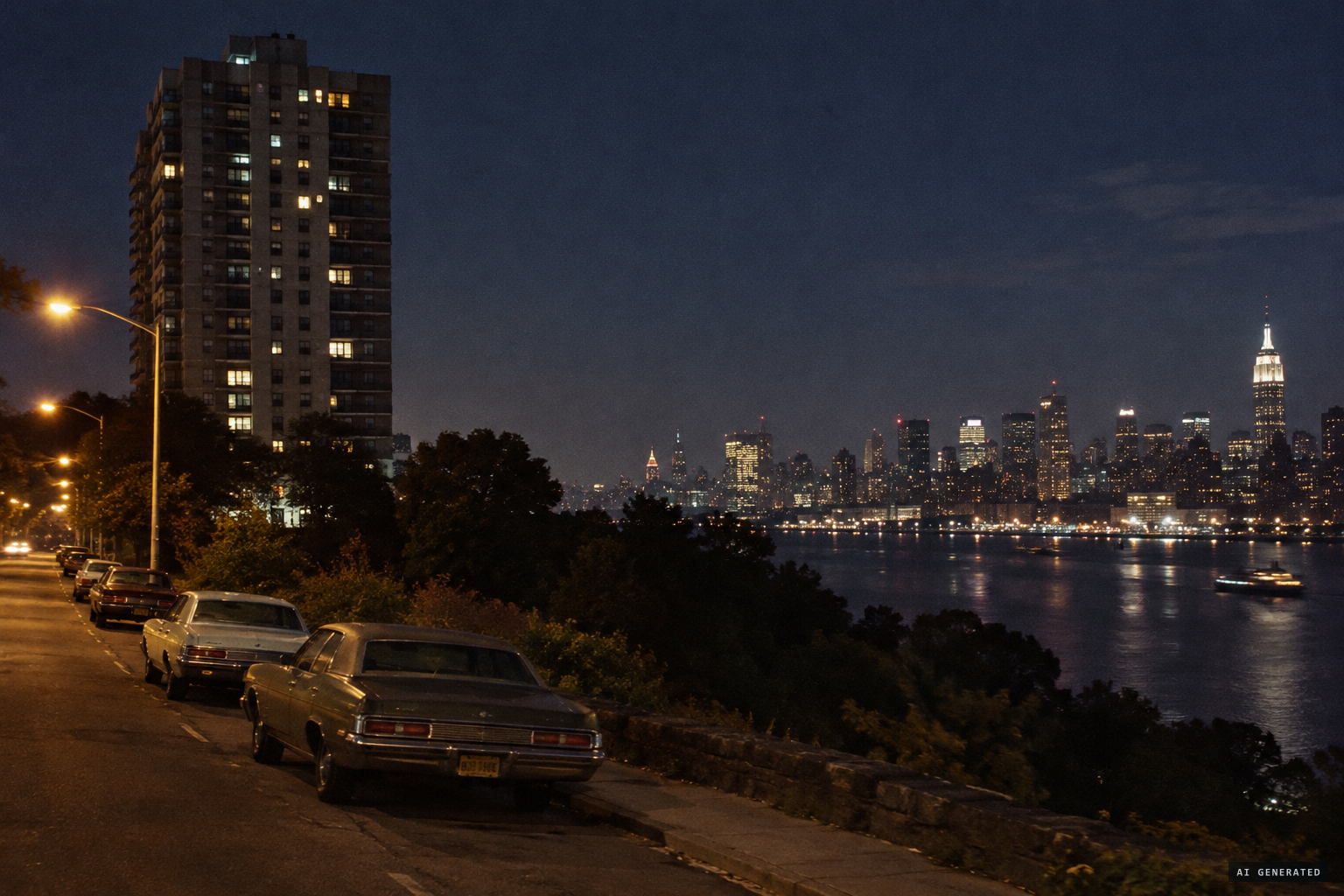 The Stonehenge apartment tower beside North Hudson Park, across the Hudson from Manhattan