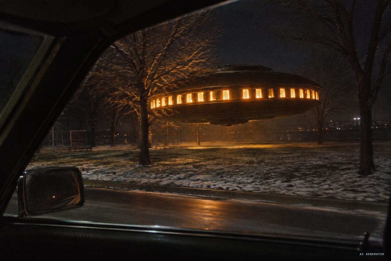 A dark round object ringed with amber-yellow windows moves alongside his car, humming