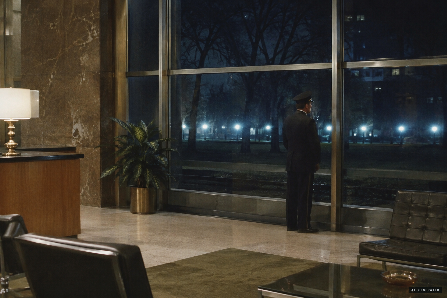 Doorman Bill Pawlowski sees bright, evenly spaced lights low over the park