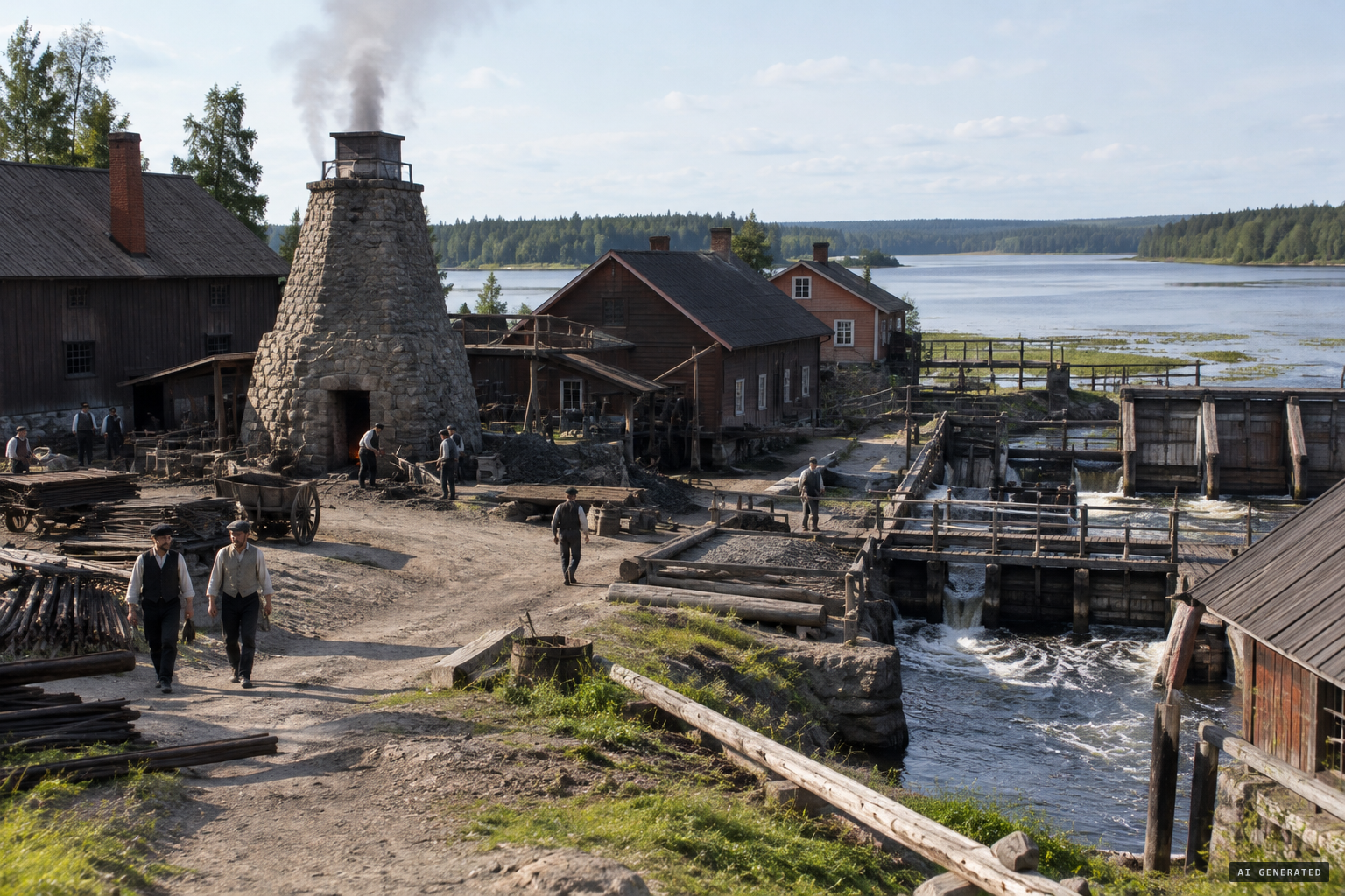 Forssbacka iron mill at the outlet of Storsjön, where the Gävle River began in the works' dams