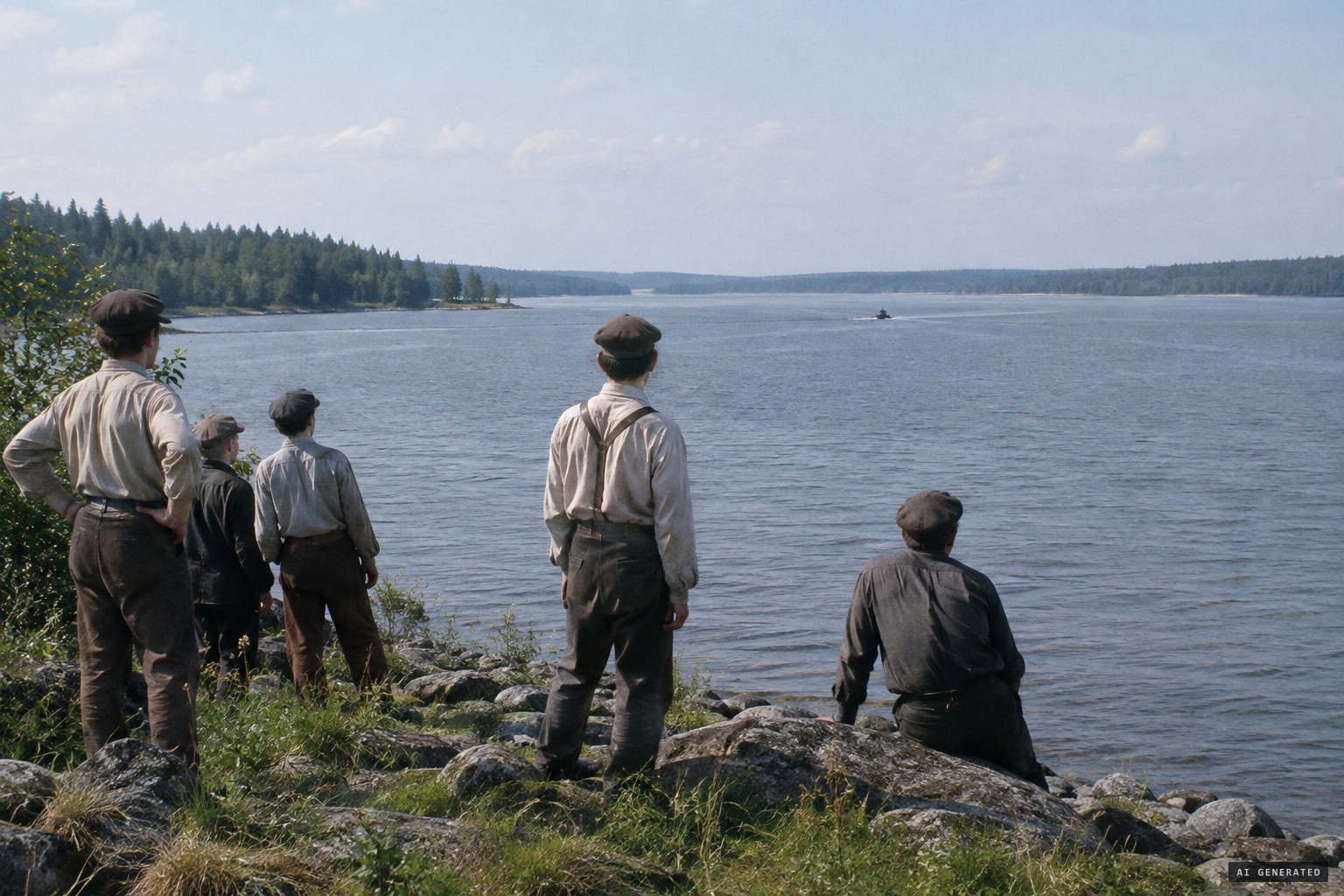 Unnamed men on the shore, a dark shining head and its wake on the lake