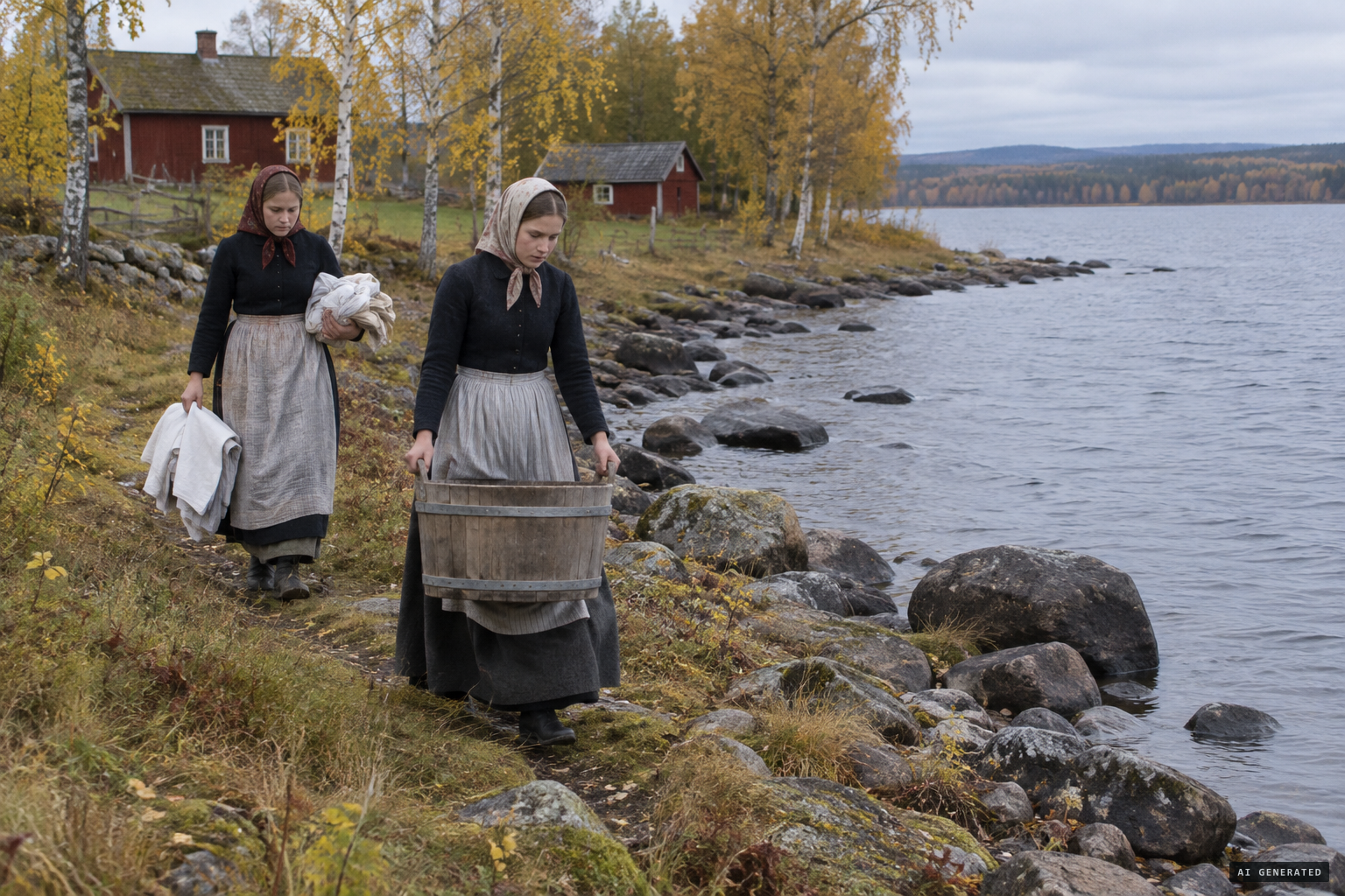 Karin and Märta come down to the shore of Åssjön to wash clothes
