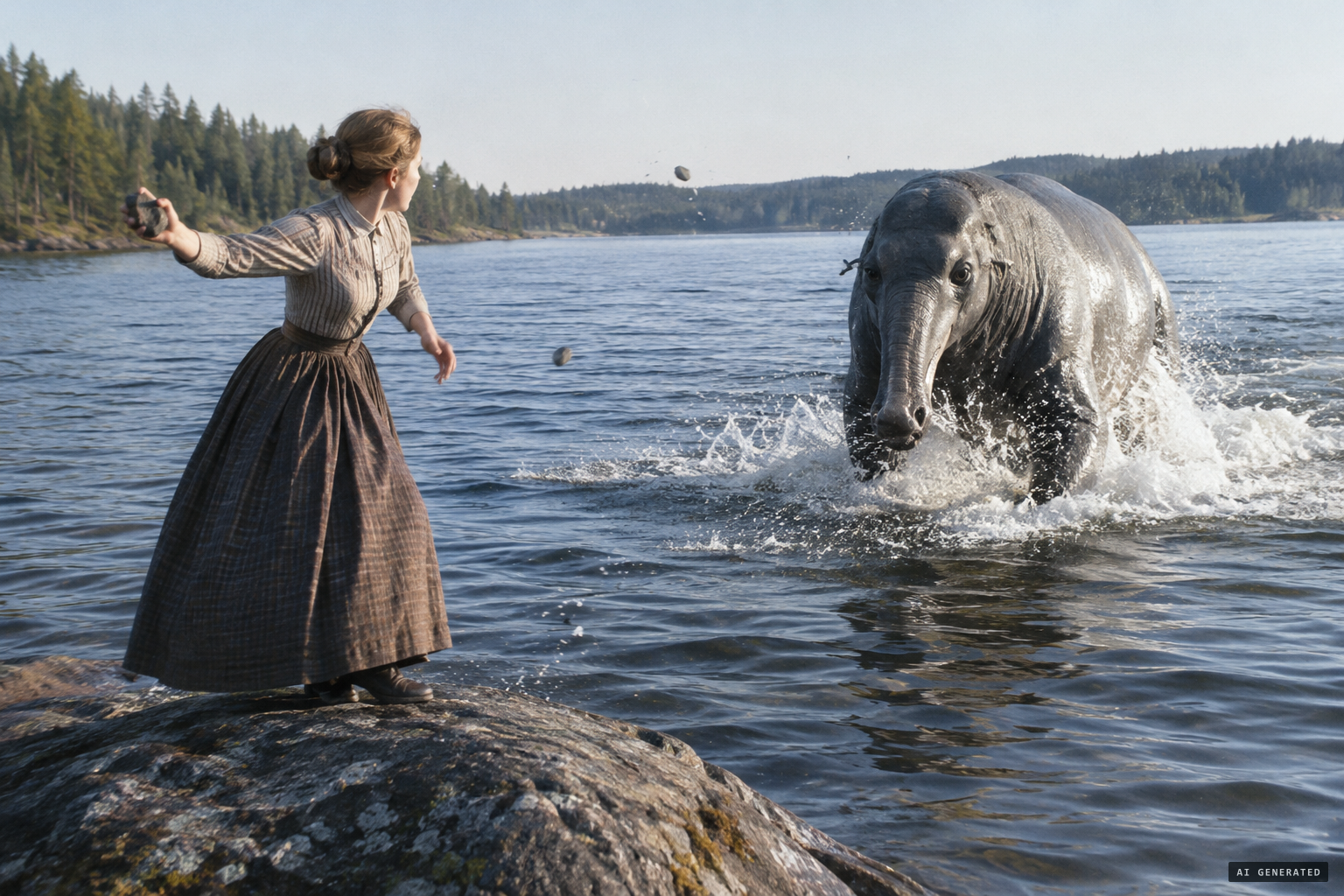 Karin on a rock in the lake as the grey creature charges toward her