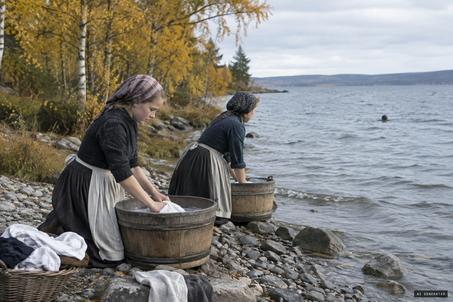 Karin and Märta, washing clothes, see a head rising and falling in the water