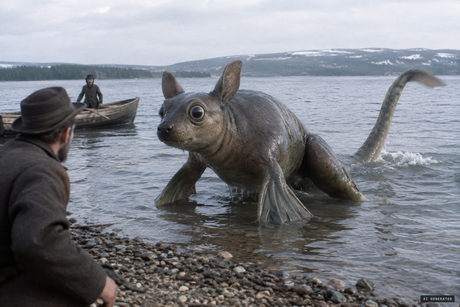 The sisters' animal: dog-like head, teacup eyes, fins, long hind legs, a lashing tail
