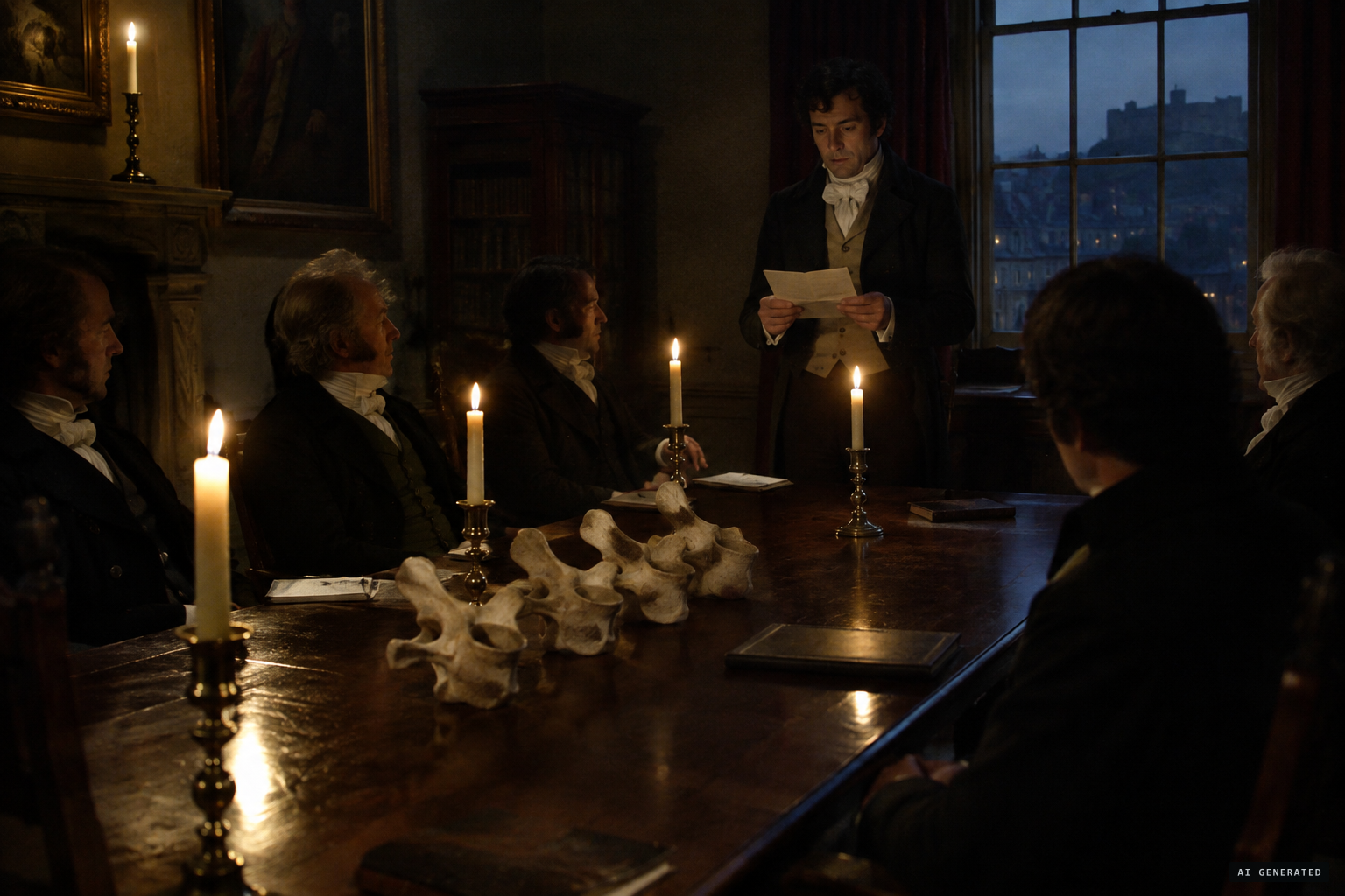 Patrick Neill reads the account to the Wernerian Society, with four vertebrae