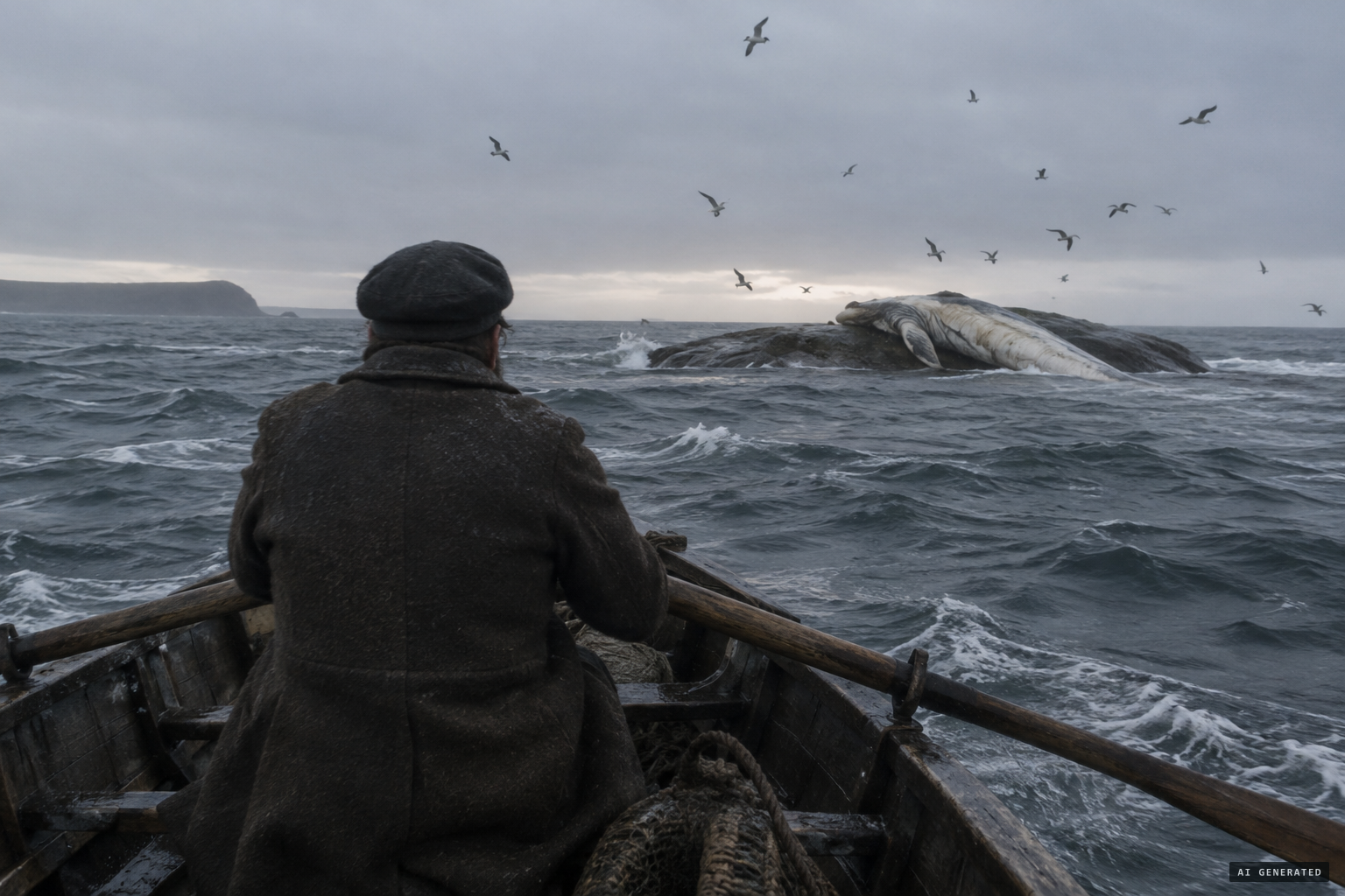John Peace rows toward seabirds circling something on a submerged rock