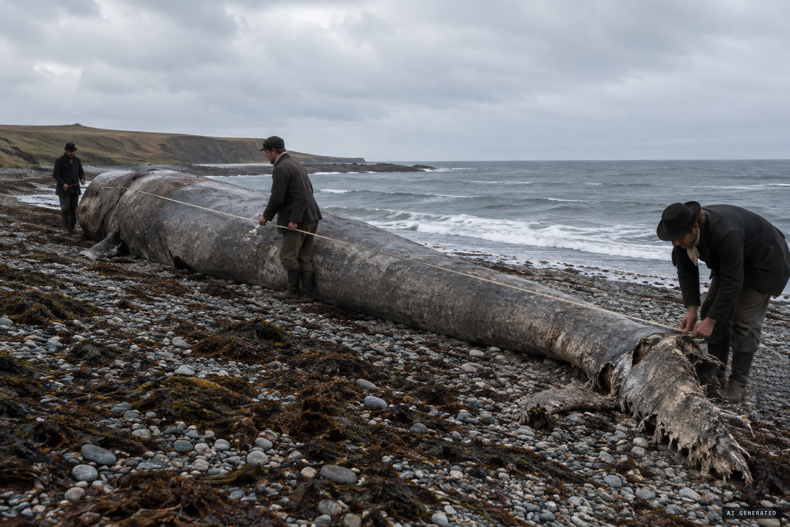 Three men each measure the carcass at 55 feet, part of the tail missing