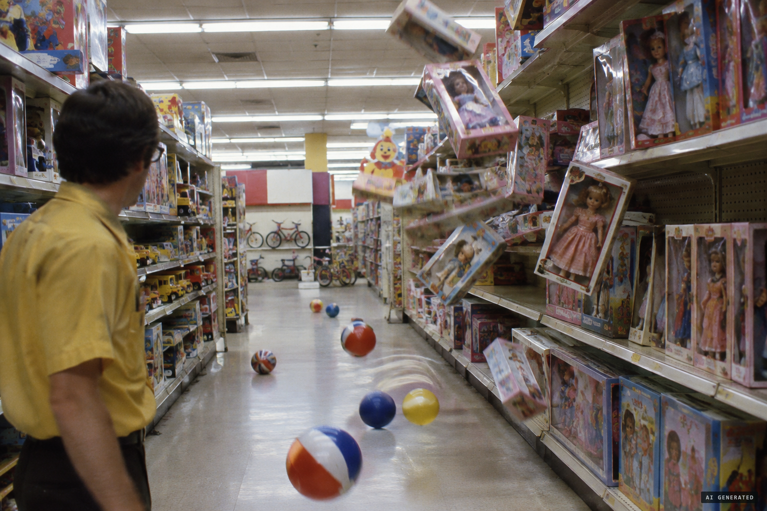 Dolls flying off the shelves and balls bouncing down the aisles