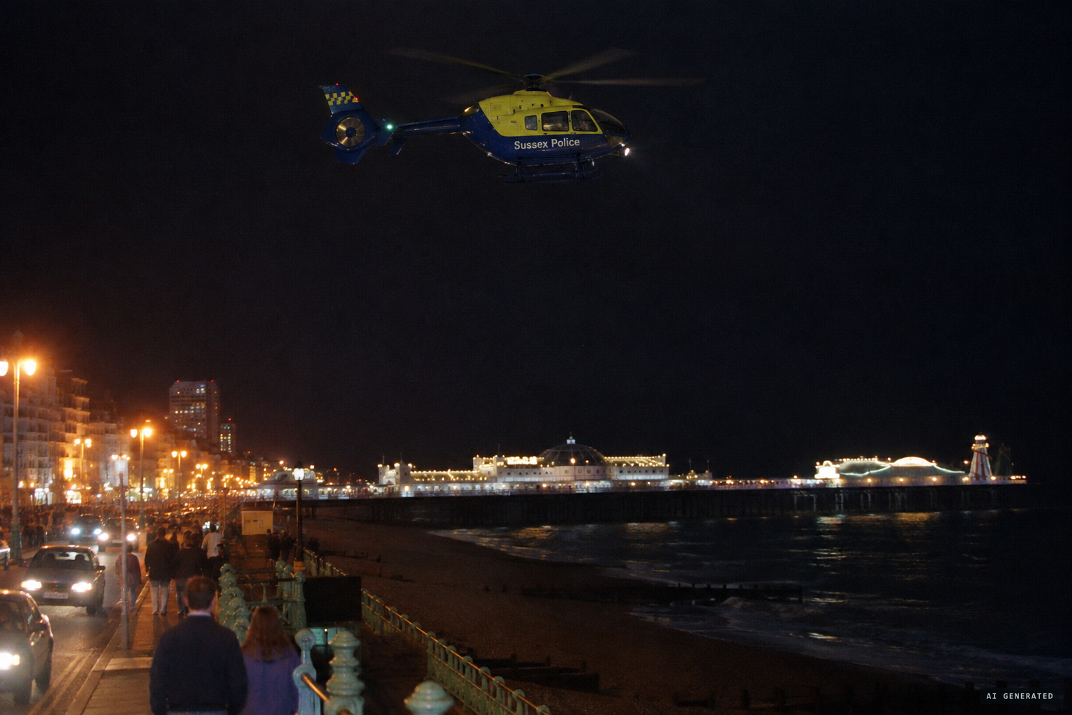 The Sussex Police helicopter over Brighton on the night of 11 August 2000