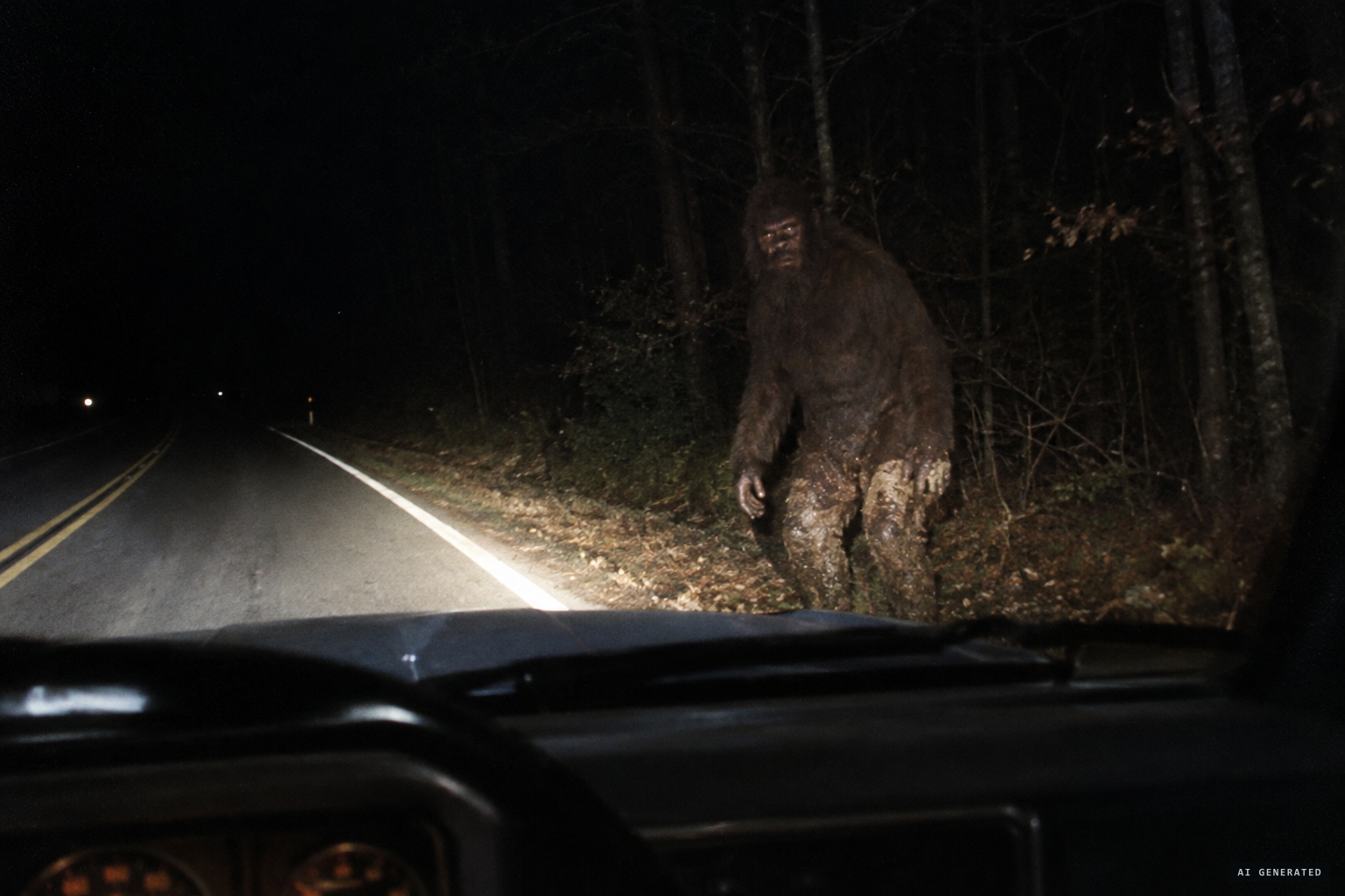 A truck driver on Route 32 sees a mud-caked creature stand up by the roadside