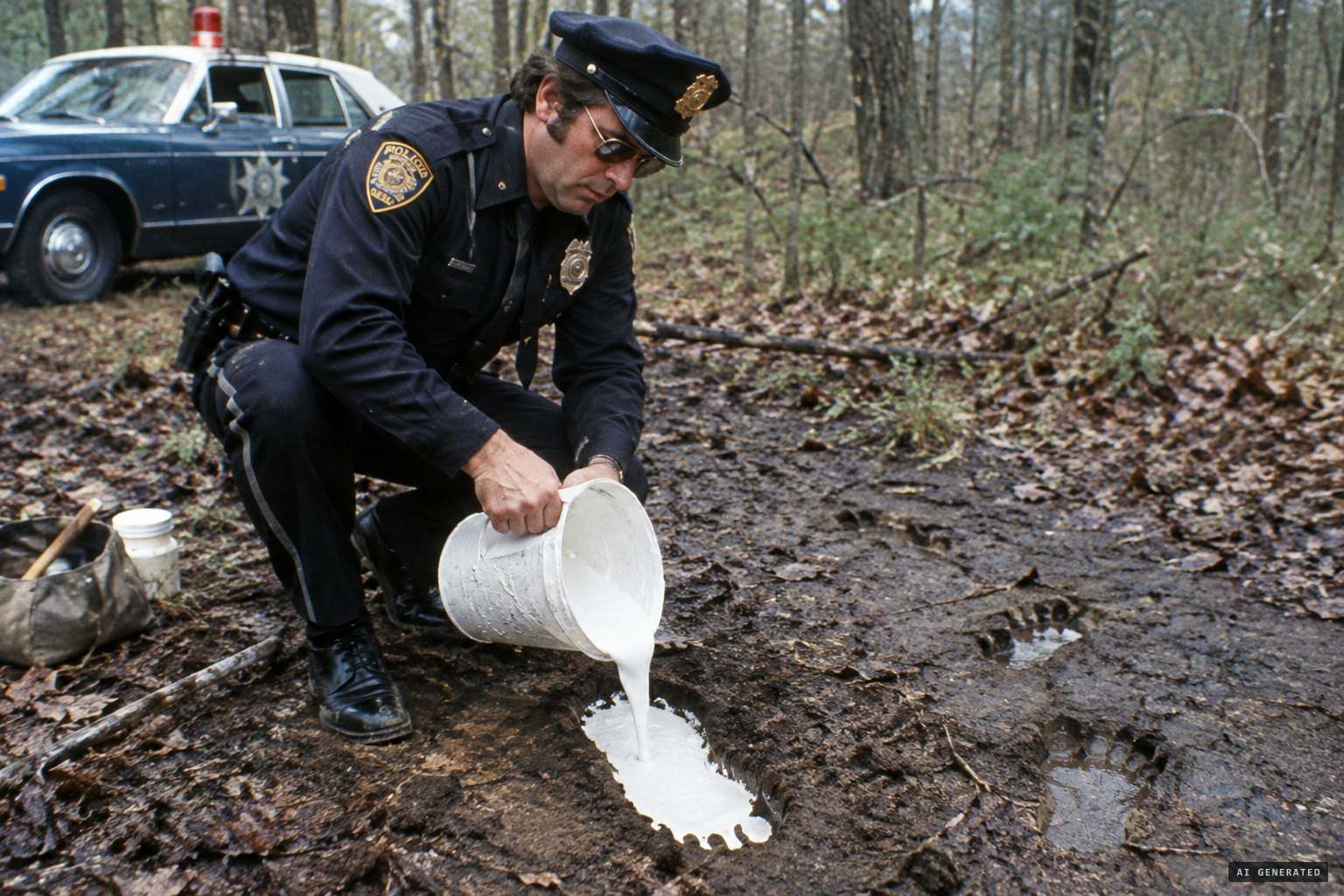 Police Chief Omer Hebert makes a plaster cast of a 13-inch track